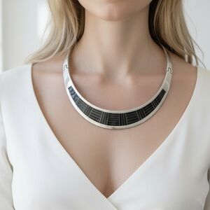 VTG Mexico TONO S TH-74 Sterling Silver Onyx Inlay Choker Necklace 133g